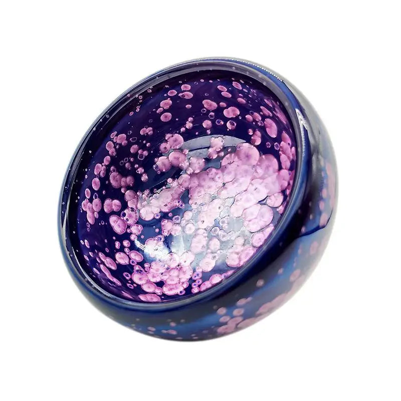 Blue glass bowl with pink spots Blossom Jian Zhan inspired by spring petals for tea masters