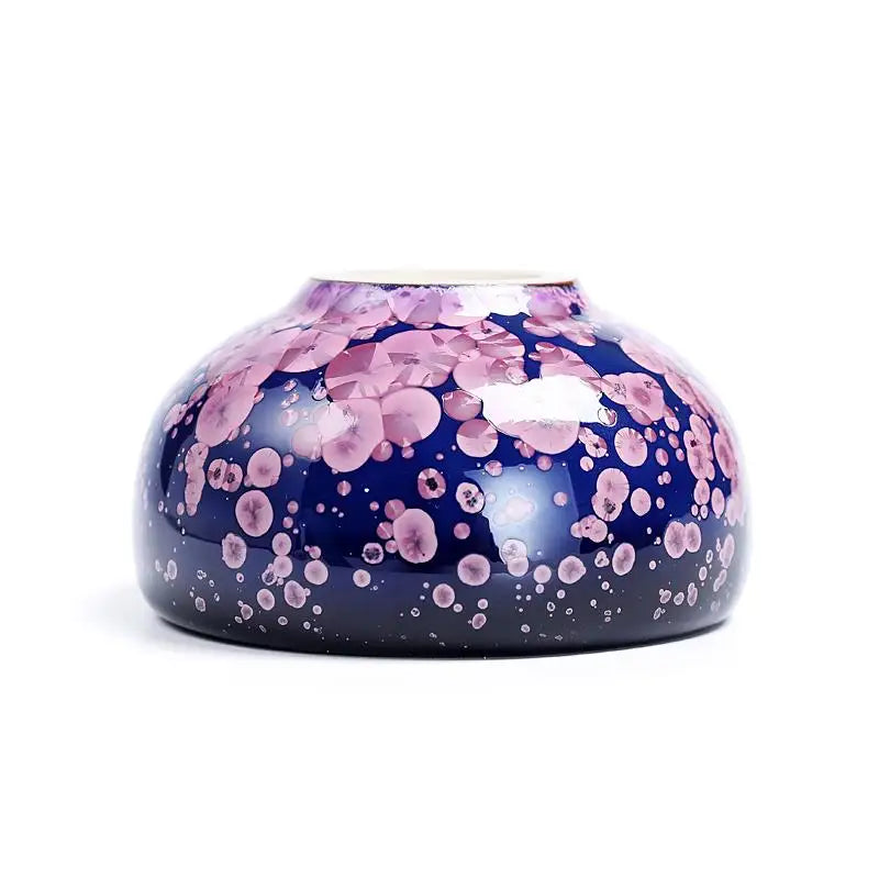 Round blue and pink Blossom Jian Zhan vase inspired by spring petals for tea masters