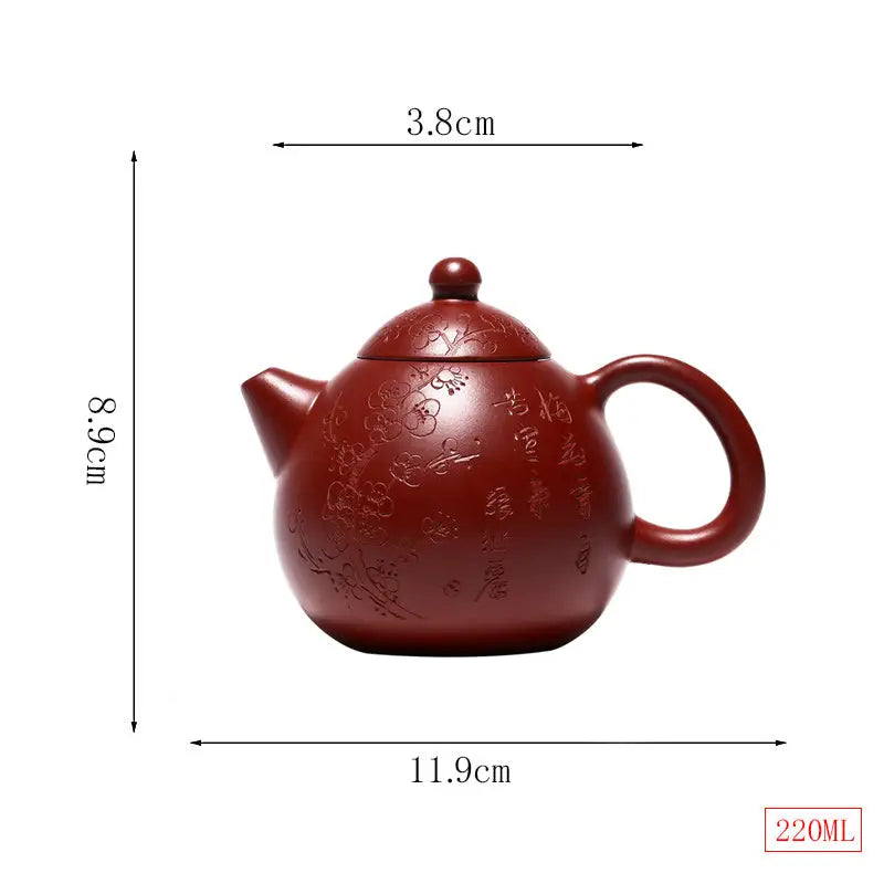 Maroon Yixing Zisha Blossom Verse teapot with dimensions for elegant tea brewing
