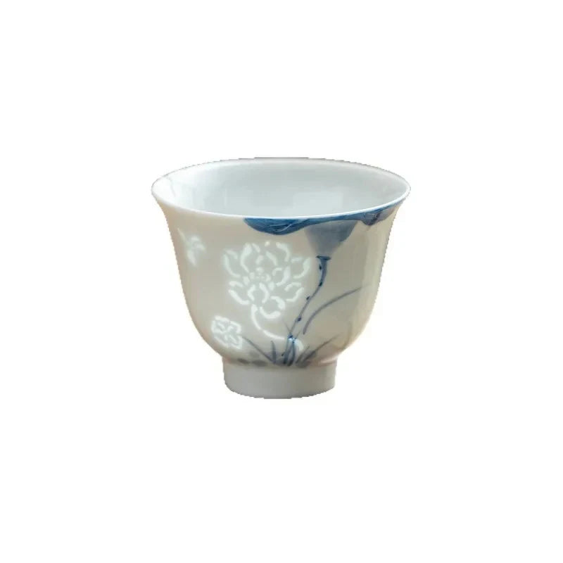 Blue and White Hand-painted Lotus Tea Cup white background product photo