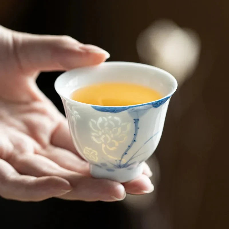 Blue and White Hand-painted Lotus Tea Cup Porcelain Tea Cup detail view