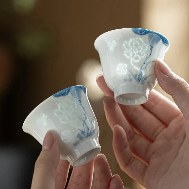 Blue and White Hand-painted Lotus Tea Cup Tea Cup side view