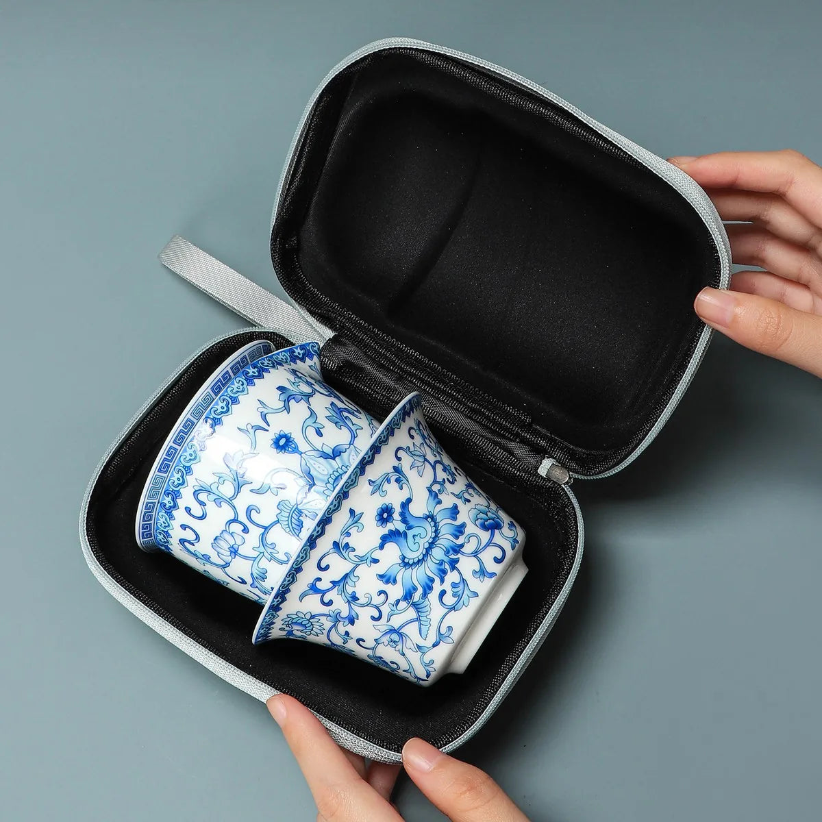 Blue and white lotus scroll gaiwan travel tea set with pitcher, three cups and case – photo 2