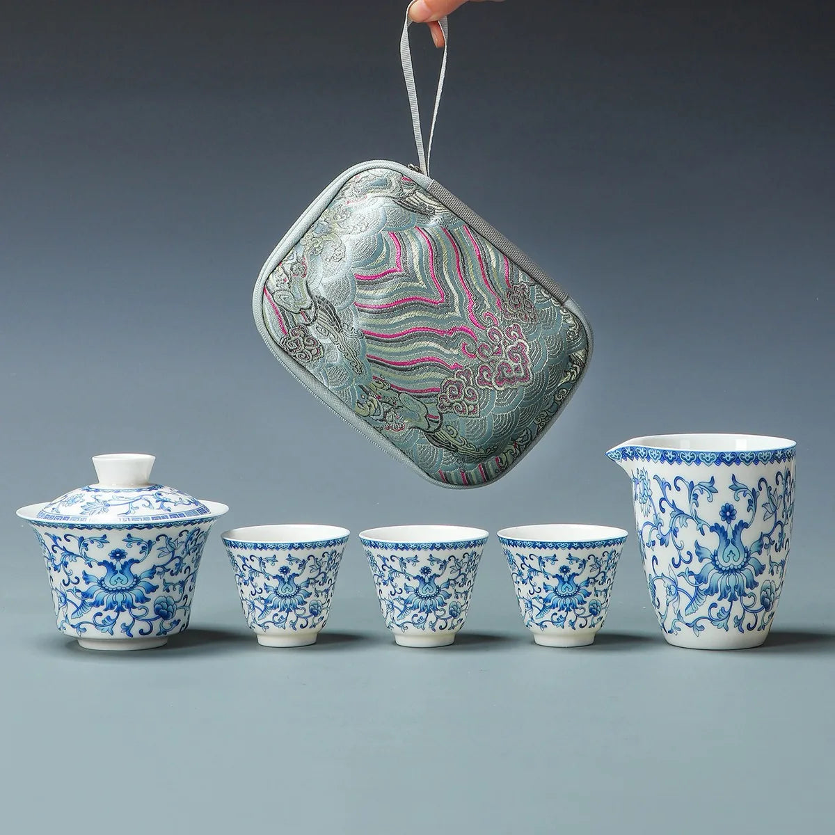 Blue and white lotus scroll gaiwan travel tea set with pitcher, three cups and case – photo 3