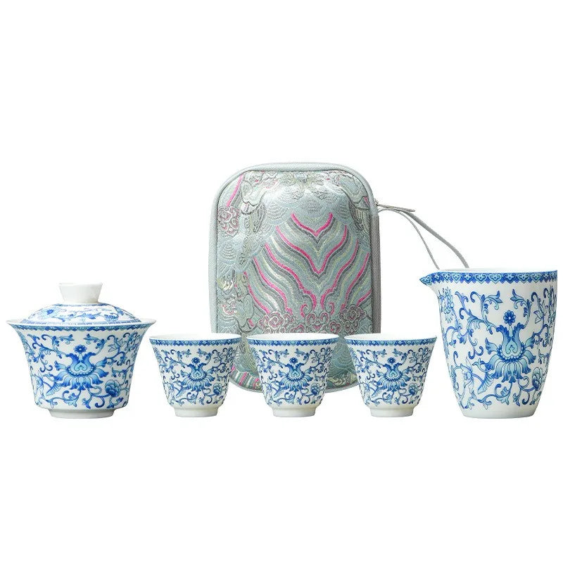 Blue and white lotus scroll gaiwan travel tea set with pitcher, three cups and case – photo 5