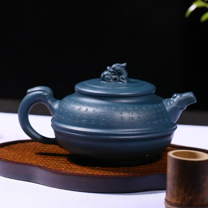 Blue-gray ceramic Yixing teapot named Blue Poem with azure guardian dragon lid