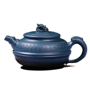 Blue-gray ceramic Yixing teapot with Azure Guardian dragon figure on lid, rare cobalt design