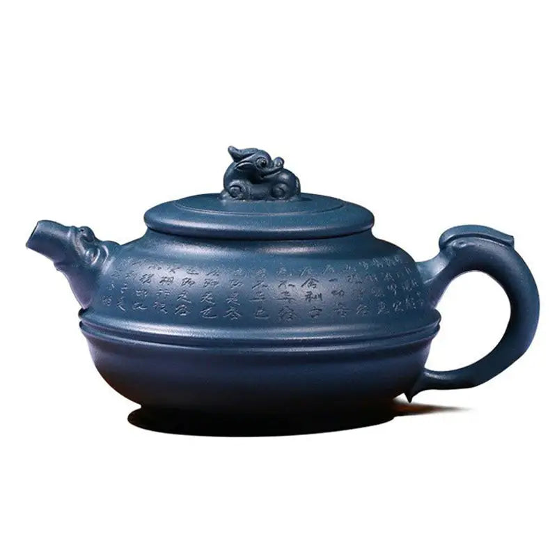 Blue-gray ceramic Yixing teapot with Azure Guardian dragon figure on lid, rare cobalt design