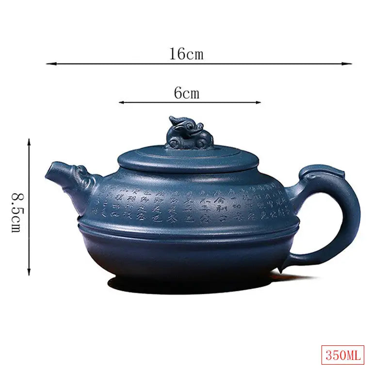 Azure guardian Blue Poem Yixing teapot with handle and lid in rare cobalt blue-gray