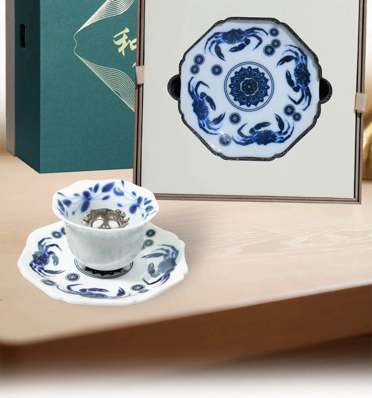 Blue White Harmony Crab Cup — styled in context