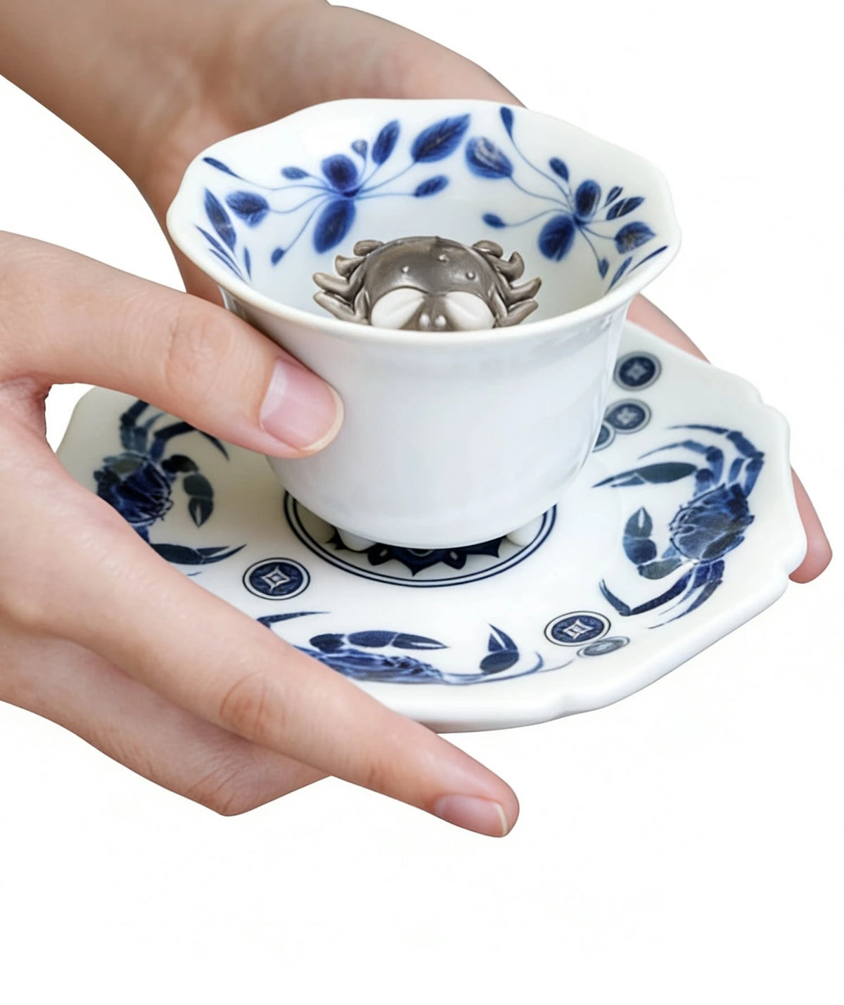 Blue White Harmony Crab Cup — blue-and-white porcelain teacup