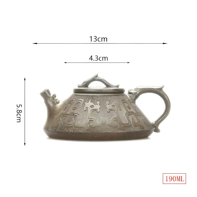 Ornate Bronze Dragon teapot with tribal dragon motif and dimensions, Yixing Zisha style