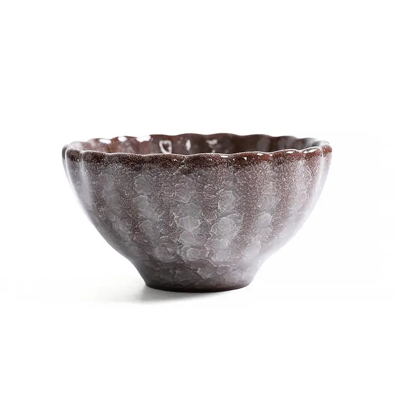 Textured brown ceramic bowl with glossy crystal glaze, inspired by Jian Zhan crackled minerals