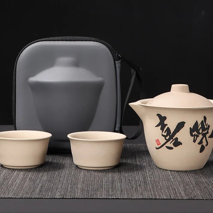 Calligraphy Stoneware Travel Tea Set – Happiness