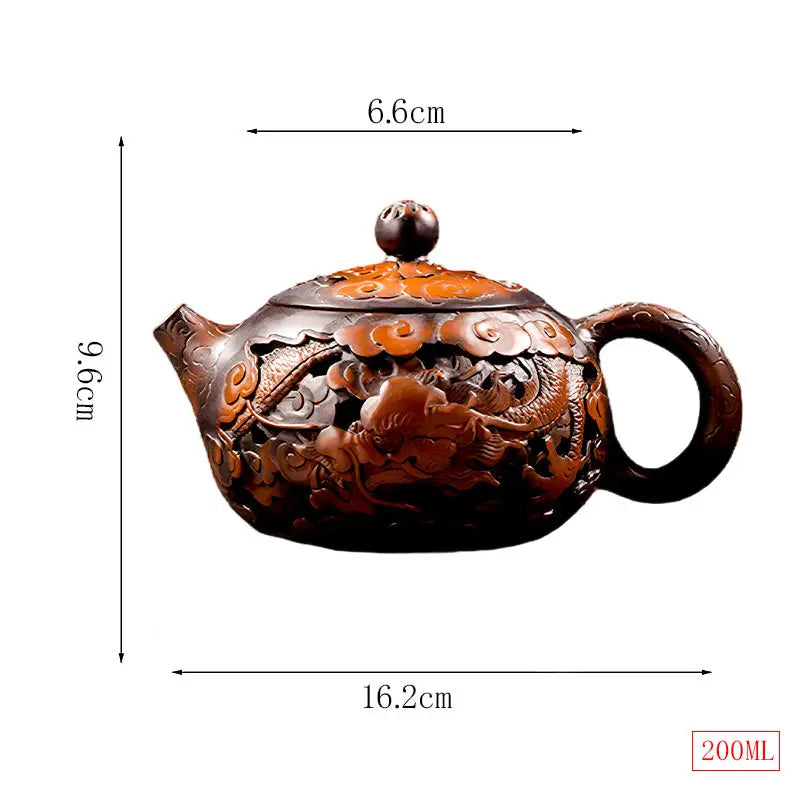 Ornate brown jianshui zitao teapot with hand-carved dragon design and dimensions