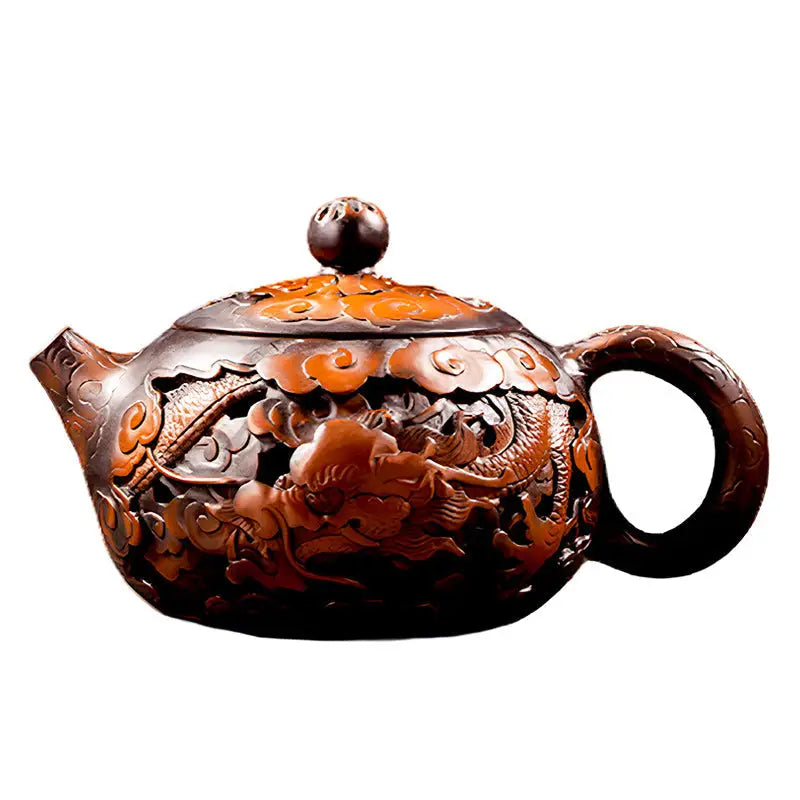 Ornate brown Jianshui Zitao teapot with hand-carved dragon design in Carving Dragon collection