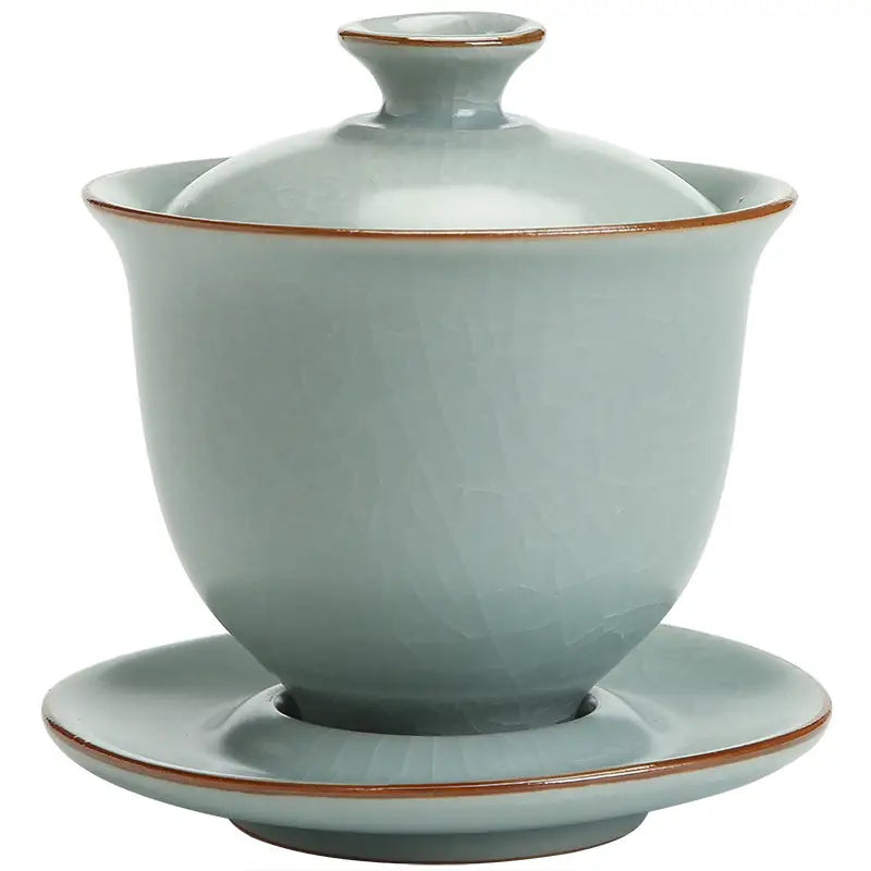 Light blue ceramic kiln gaiwan with crackle glaze for authentic gongfu tea brewing