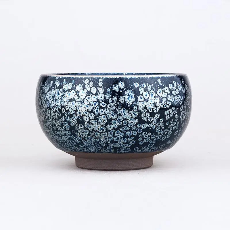 Dark blue ceramic bowl with speckled pattern for Jian Zhan tea cups and Gongfu tea rituals