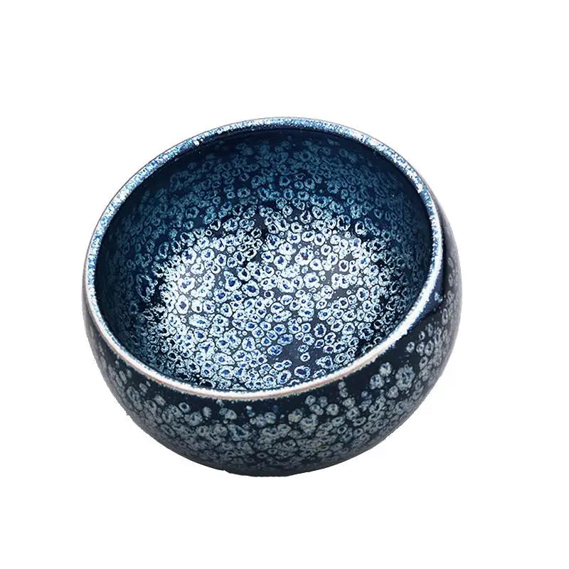 Round blue ceramic bowl with speckled pattern for Jian Zhan tea cup or Gongfu tea brewing