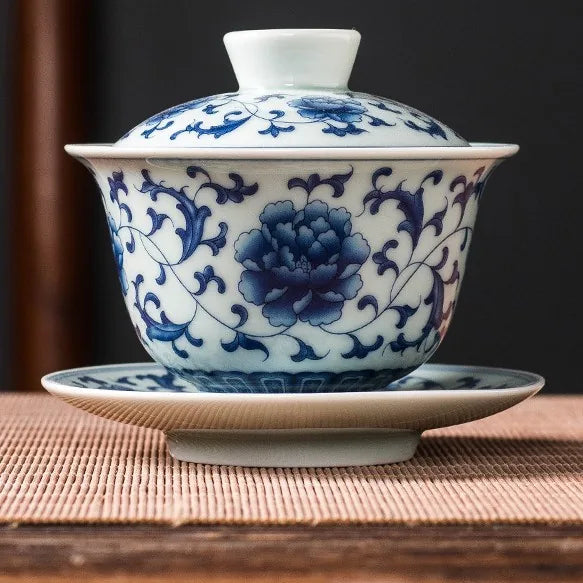 Classic Blue and White Gaiwan – Blue Lotus Scroll