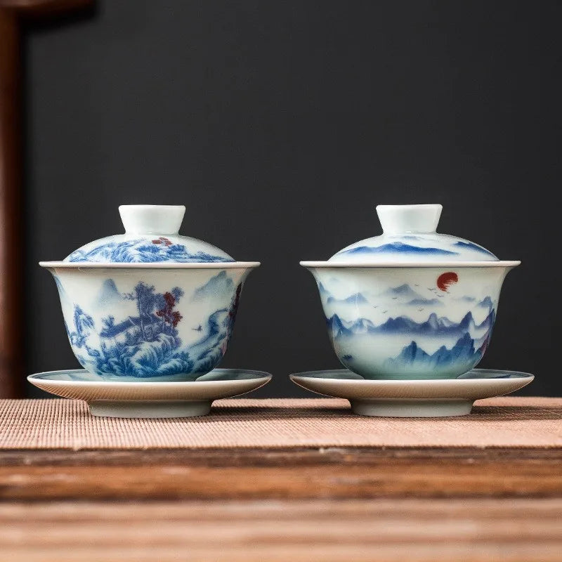 Antique-style blue and white landscape gaiwan with lid and saucer – photo 1