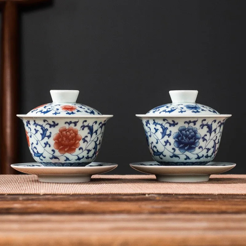 Antique-style blue and white landscape gaiwan with lid and saucer – photo 2