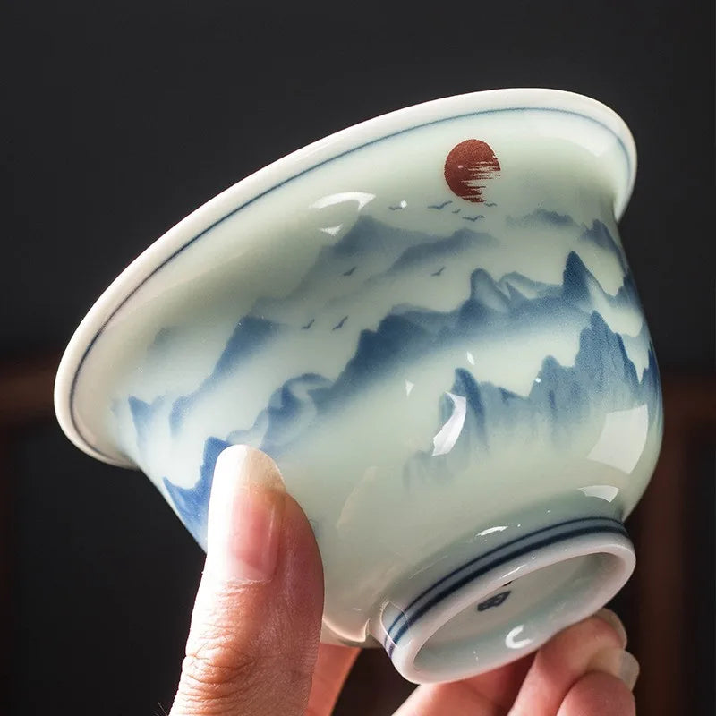 Antique-style blue and white landscape gaiwan with lid and saucer – photo 3