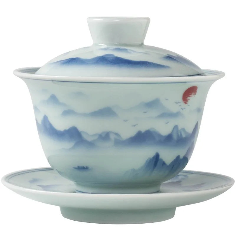 Antique-style blue and white landscape gaiwan with lid and saucer – photo 5