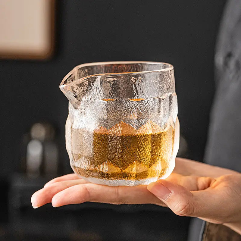 Textured glass pitcher with cloud mist finish for handcrafted gongfu tea brewing