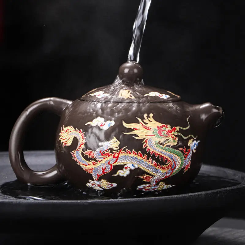 Brown Zisha Teapot with a color-changing dragon and phoenix design from the Color-Changing Dragon & Phoenix collection