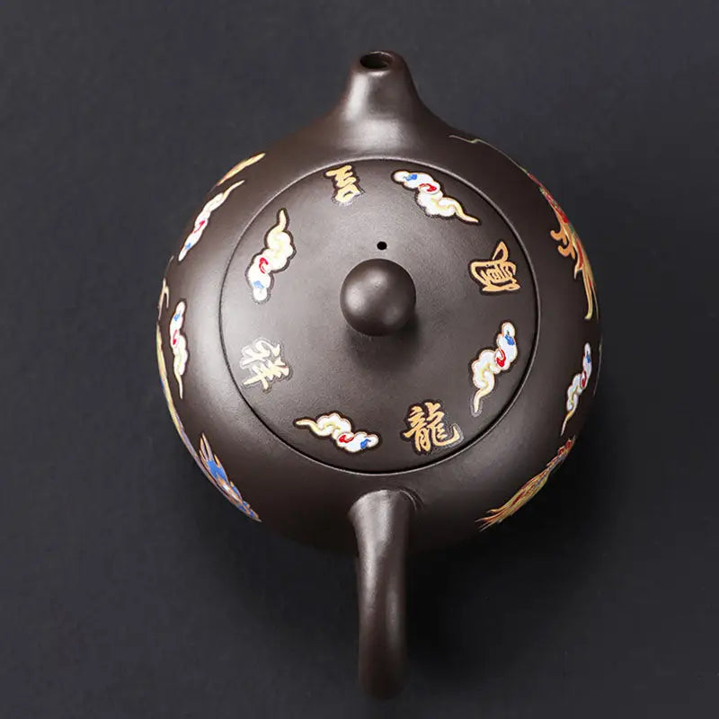 Brown Zisha Teapot with Color-Changing Dragon and Phoenix Yixing Teapot designs