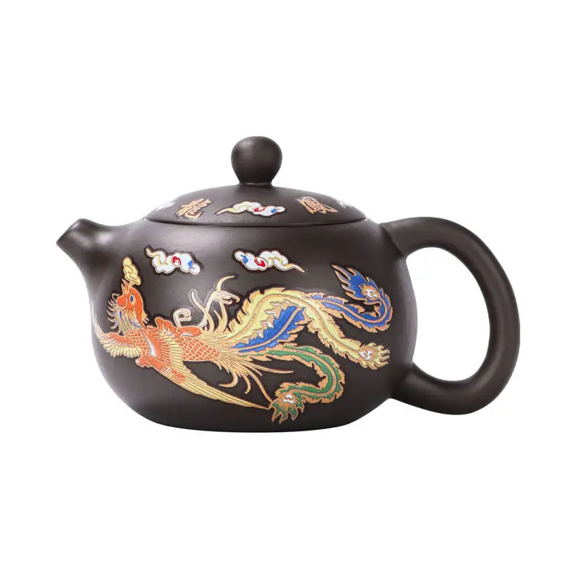 Brown Zisha Teapot featuring a color-changing dragon and phoenix Yixing design