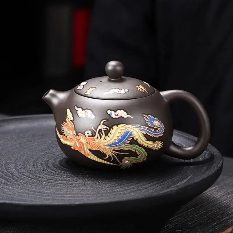 Brown Zisha Teapot with Phoenix Design and Color-Changing Dragon Detail