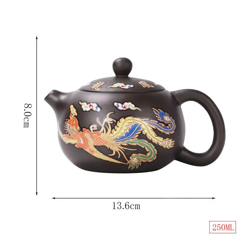 Brown zisha teapot with color-changing dragon and phoenix design in the Phoenix Yixing Teapot collection