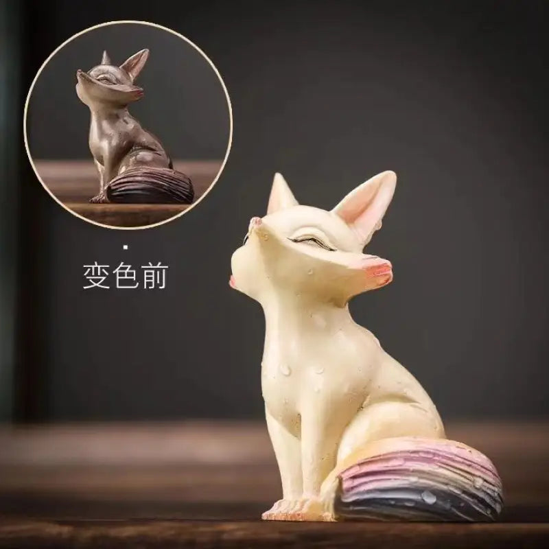 Color-changing fox tea pet figurine with iridescent tail for feng shui and decor