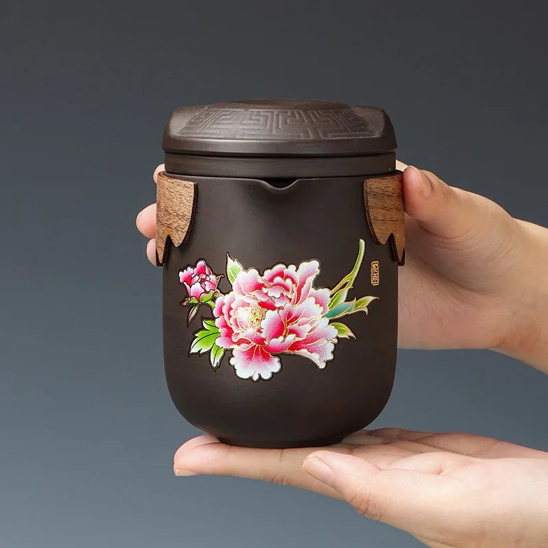 Color-changing purple clay travel tea set with floral teapot, four cups and black case – photo 2