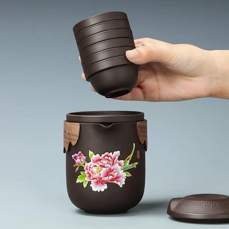 Color-changing purple clay travel tea set with floral teapot, four cups and black case – photo 3