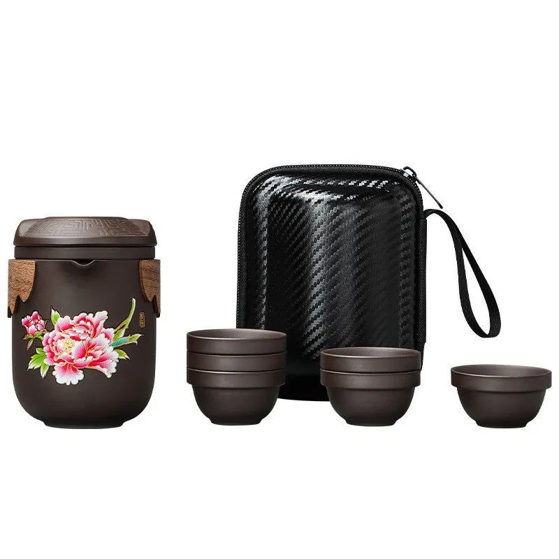 Color-changing purple clay travel tea set with floral teapot, four cups and black case – photo 4