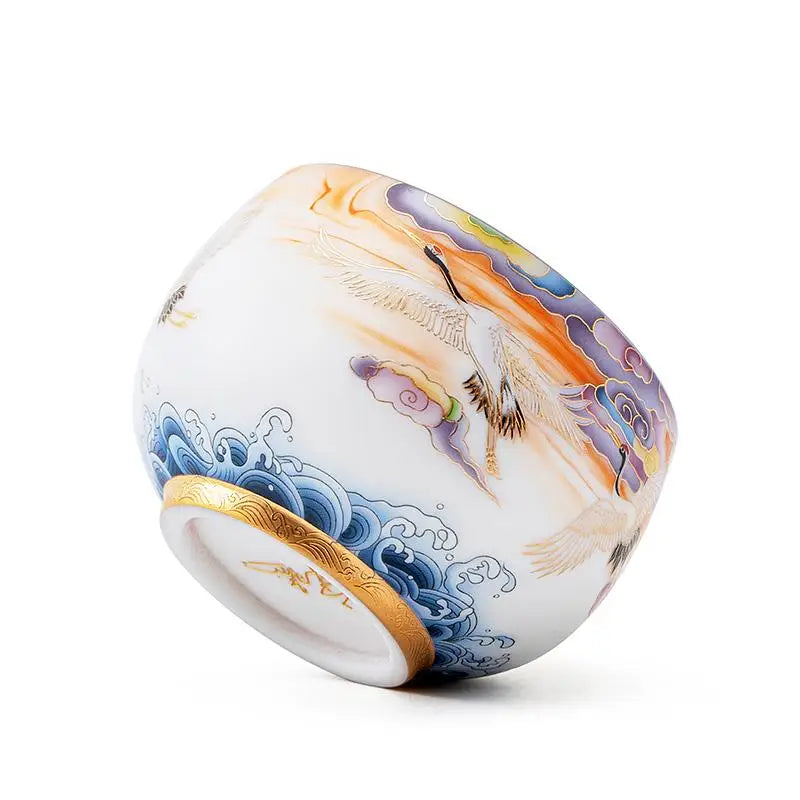Colorful Cranes hand-painted porcelain teacup for elegant tea service