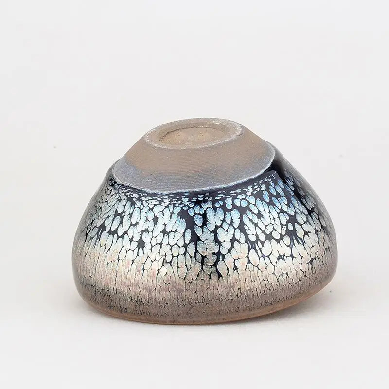 Copperfield Jian roundish speckled ceramic vessel with tenmoku glaze crackle style