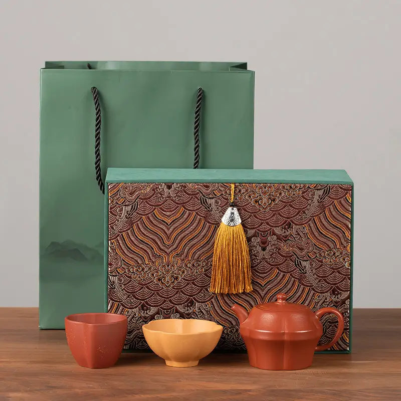Crimson Harmony Tea Set with Zisha Clay Yixing Zisha decorative box and bag