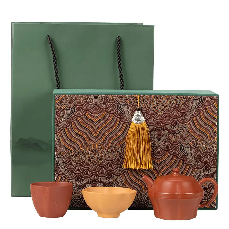 Crimson Harmony Tea Set with Zisha Clay Yixing Zisha decorative box and bag