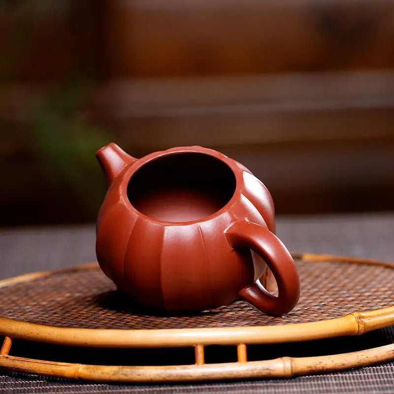 Reddish-brown ridged ceramic Zisha teapot from Crimson Harvest collection