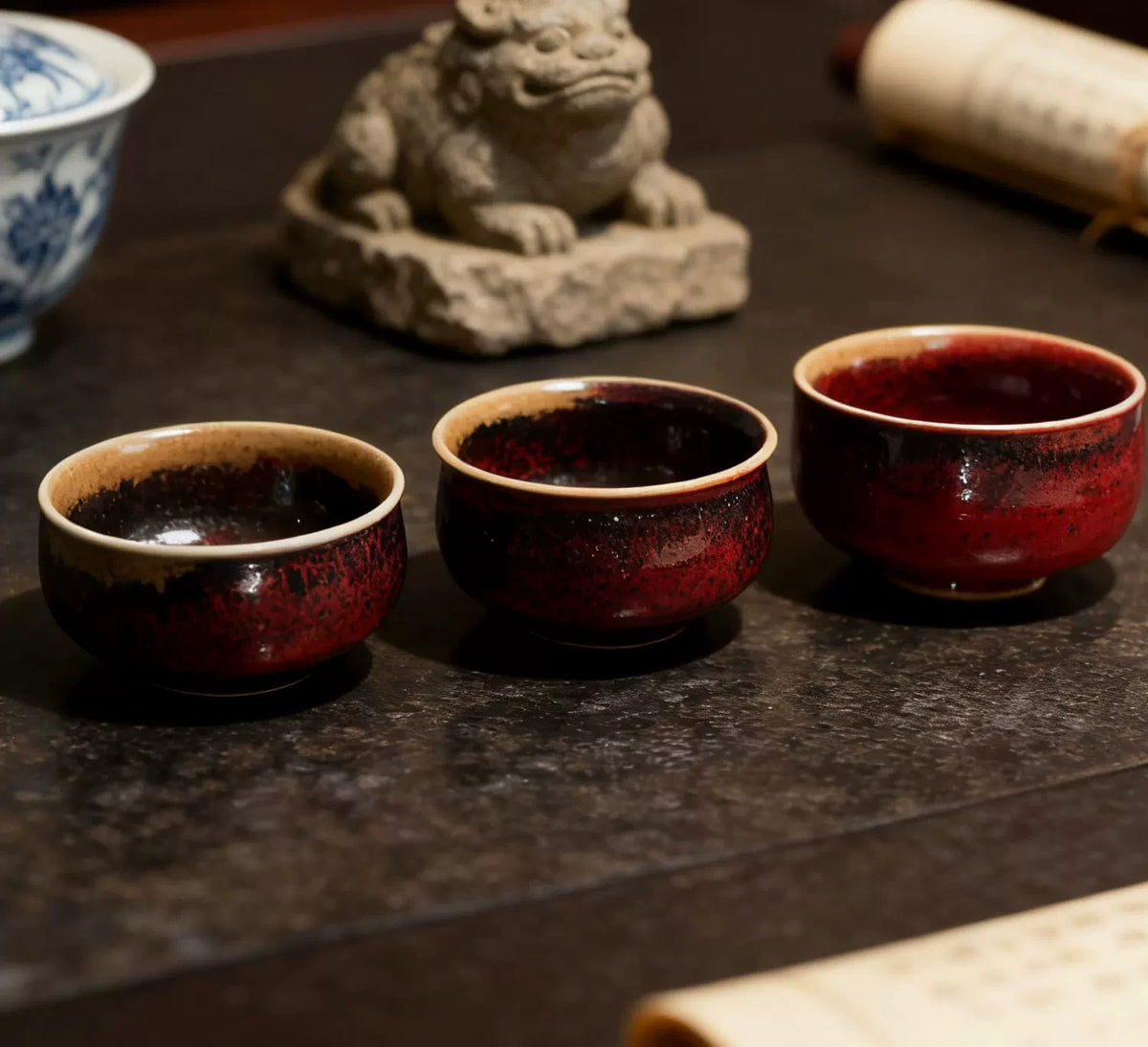 Crimson Jun Glaze Tea Cups — detail view