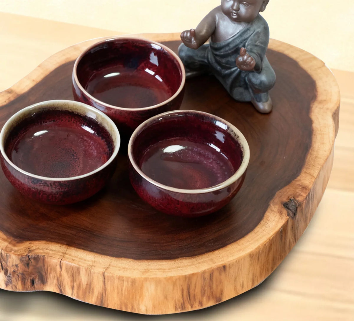 Crimson Jun Glaze Tea Cups — glaze close-up