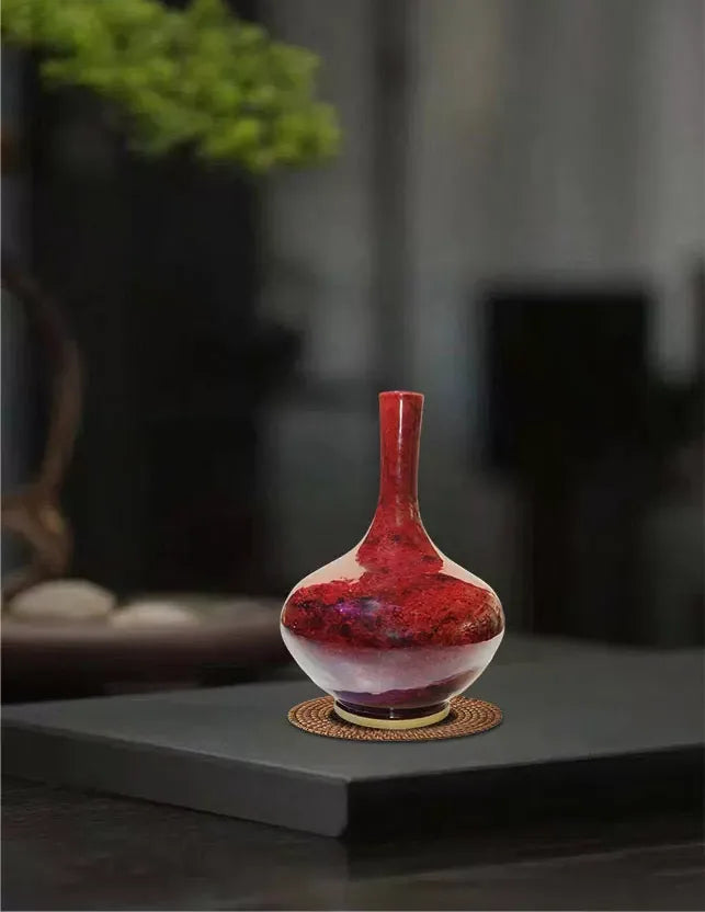 Crimson Long Neck Jun Vase — styled in context