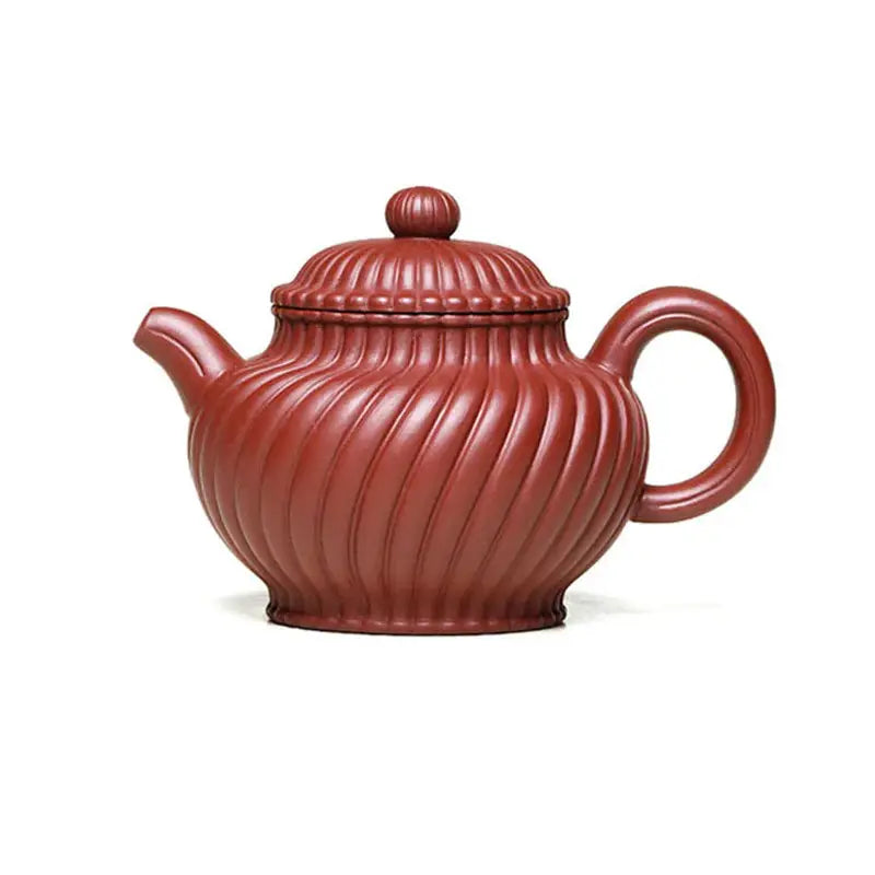 Red-brown handmade Yixing Zisha Teapot with spiral ridges from Crimson Spiral Harmony