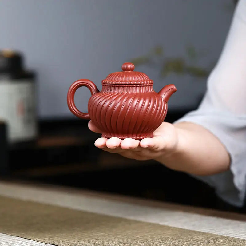 Red-brown ridged Yixing Zisha teapot from Crimson Spiral Harmony, handmade Yixing ceramic