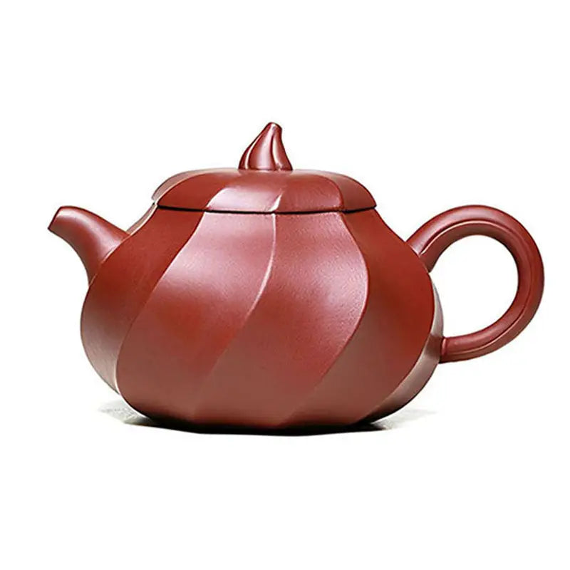 Red-brown Yixing Zisha Teapot Crimson Spiral for Gongfu Brewing with Ridged Pumpkin Design
