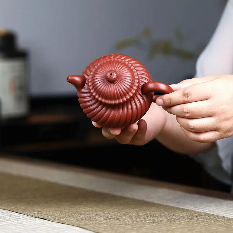 Reddish-brown ridged spherical yixing zisha teapot from Crimson Spiral Harmony handmade yixing